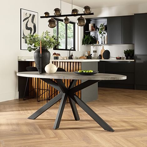Madison Oval Industrial Dining Table, 180cm, Grey Concrete Effect & Black Steel