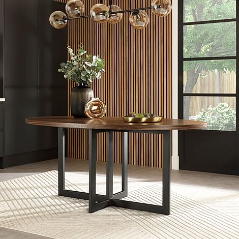 Newbury Oval Industrial Dining Table, 180cm, Walnut Effect & Black Steel