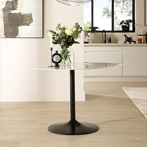 Orbit Round Dining Table, 110cm, White Marble Effect & Black Steel