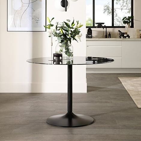 Orbit Round Dining Table, 110cm, Black Marble Effect & Black Steel