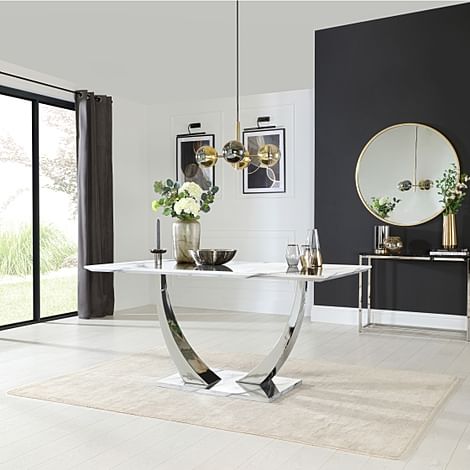 Peake Dining Table, 160cm, White Marble Effect & Chrome
