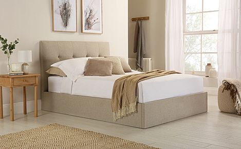 Caversham King Size Ottoman Bed, Oatmeal Classic Linen-Weave Fabric
