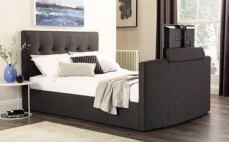 Langham King Size TV Bed, Slate Grey Classic Linen-Weave Fabric