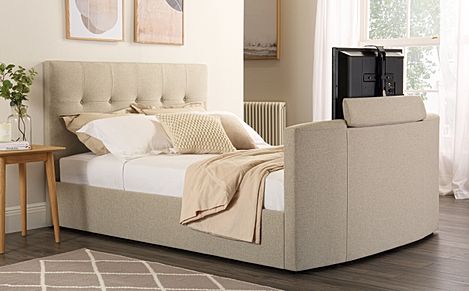 Langham Double TV Bed, Oatmeal Classic Linen-Weave Fabric