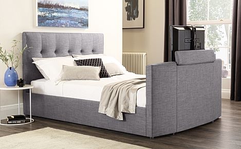Langham Double TV Bed, Light Grey Classic Linen-Weave Fabric