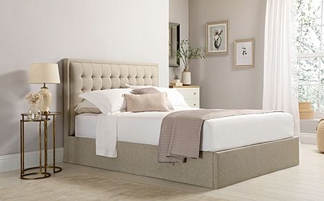 Lexington King Size Ottoman Bed, Oatmeal Classic Linen-Weave Fabric