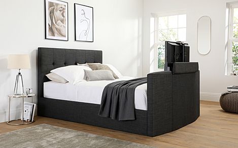 Langham King Size Ottoman TV Bed, Slate Grey Classic Linen-Weave Fabric