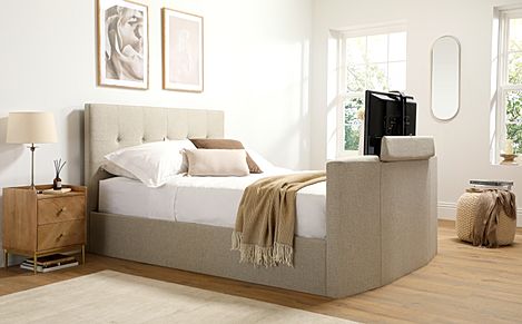 Langham King Size Ottoman TV Bed, Oatmeal Classic Linen-Weave Fabric