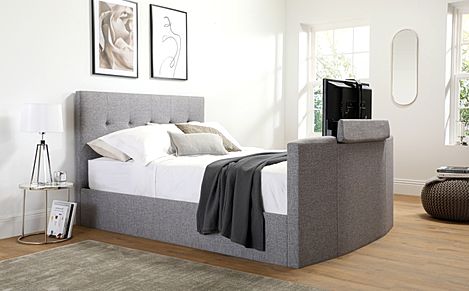 Langham King Size Ottoman TV Bed, Light Grey Classic Linen-Weave Fabric