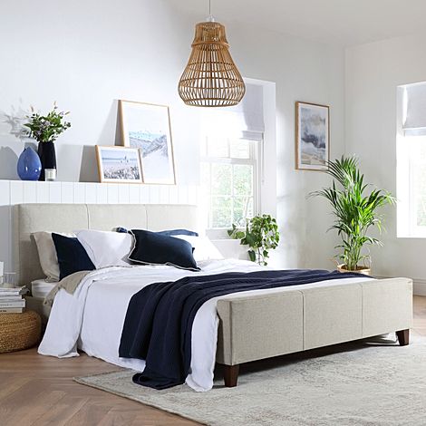 Caro King Size Bed, Oatmeal Classic Linen-Weave Fabric