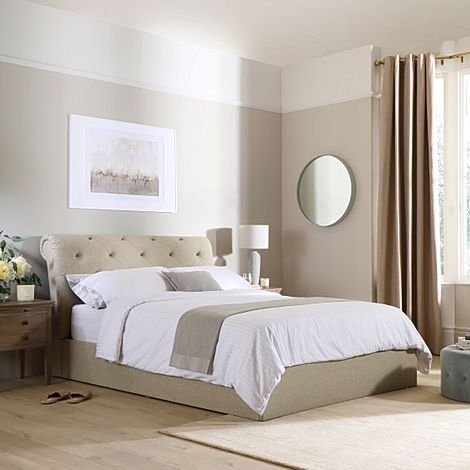 Alderley Double Chesterfield Bed, Oatmeal Classic Linen-Weave Fabric
