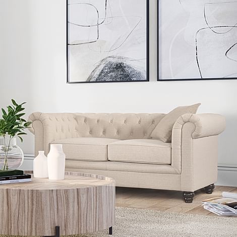 Hampton 2 Seater Chesterfield Sofa, Oatmeal Classic Linen-Weave Fabric