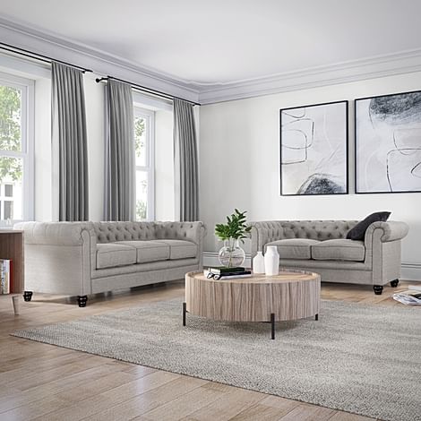 Hampton 3+2 Seater Chesterfield Sofa Set, Light Grey Classic Linen-Weave Fabric