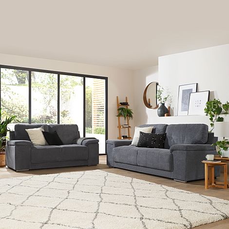 Kansas Dark Grey Dotted Cord Fabric 3+2 Seater Sofa Set