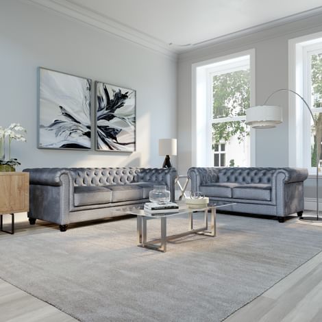 Hampton 3+2 Seater Chesterfield Sofa Set, Grey Aura Velvet