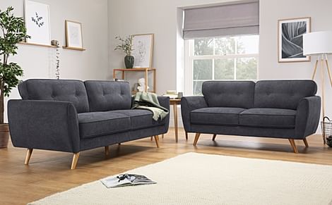 Harlow 3+2 Seater Sofa Set, Slate Grey Classic Plush Fabric