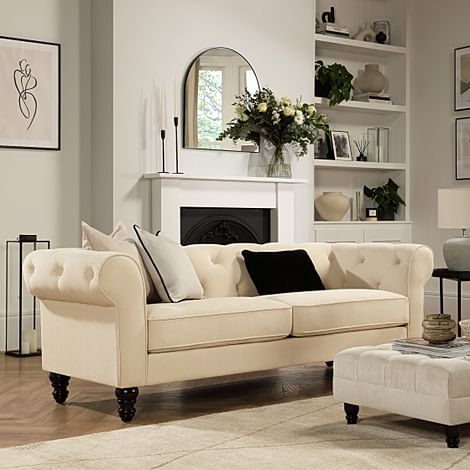 Oakham 3 Seater Chesterfield Sofa, Ivory Classic Plush Fabric