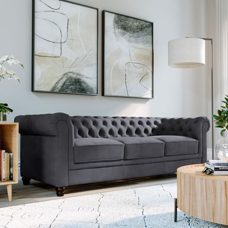 Hampton 3 Seater Chesterfield Sofa, Slate Grey Classic Plush Fabric