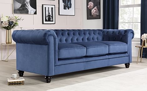 Hampton 3 Seater Chesterfield Sofa, Blue Classic Velvet