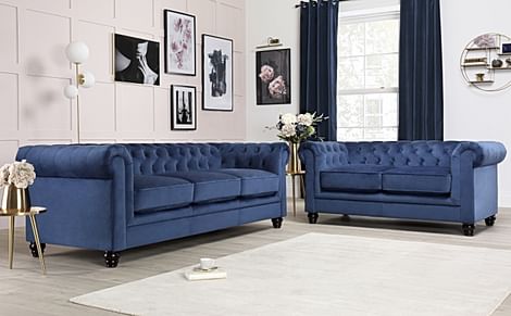 Hampton 3+2 Seater Chesterfield Sofa Set, Blue Classic Velvet