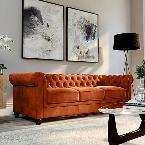 Hampton 3 Seater Chesterfield Sofa, Burnt Orange Classic Velvet