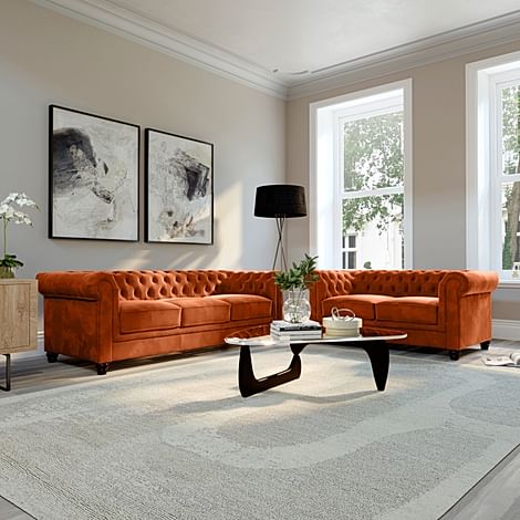 Hampton 3+2 Seater Chesterfield Sofa Set, Burnt Orange Classic Velvet