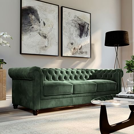 Hampton 3 Seater Chesterfield Sofa, Moss Green Classic Velvet