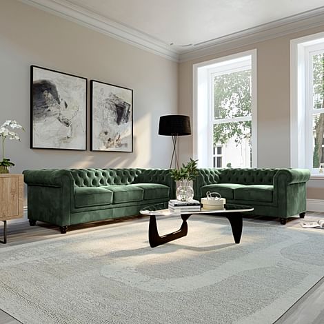 Hampton 3+2 Seater Chesterfield Sofa Set, Moss Green Classic Velvet