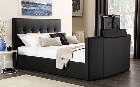 Langham Double TV Bed, Black Classic Faux Leather