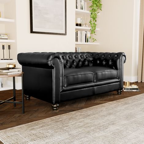 Hampton 2 Seater Chesterfield Sofa, Black Classic Faux Leather