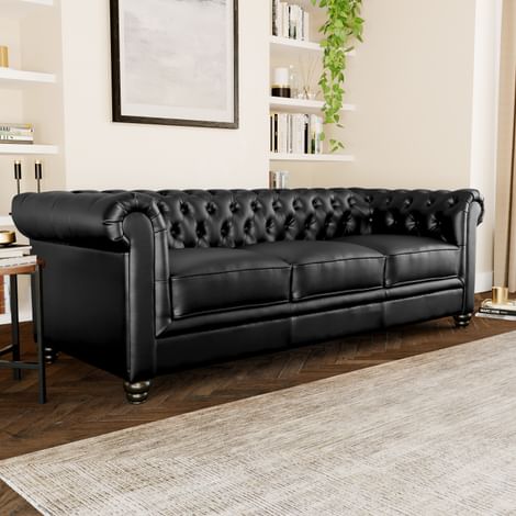 Hampton Black Leather 3 Seater, Black Leather Chesterfield Style Sofa