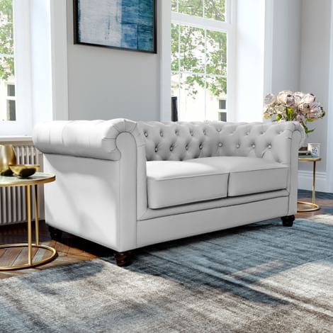 Hampton 2 Seater Chesterfield Sofa, Light Grey Classic Faux Leather