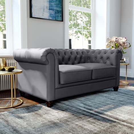 Hampton 2 Seater Chesterfield Sofa, Grey Classic Faux Leather