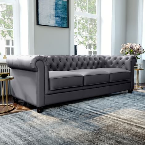 Hampton 3 Seater Chesterfield Sofa, Grey Classic Faux Leather