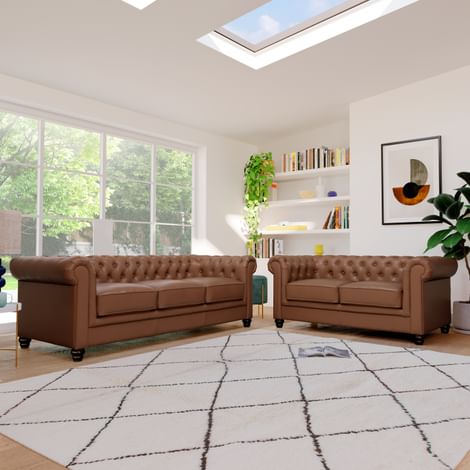 Hampton 3+2 Seater Chesterfield Sofa Set, Tan Classic Faux Leather