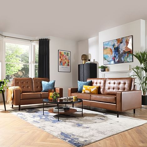 Stockholm 3+2 Seater Sofa Set, Tan Premium Faux Leather