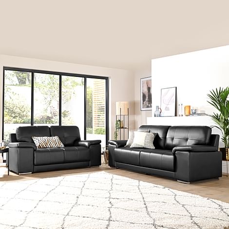 Kansas 3+2 Seater Sofa Set, Black Premium Faux Leather
