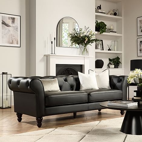 Oakham 3 Seater Chesterfield Sofa, Black Premium Faux Leather