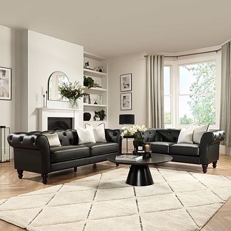 Oakham 3+2 Seater Chesterfield Sofa Set, Black Premium Faux Leather