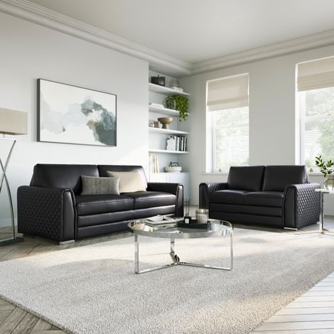Atlanta 3+2 Seater Sofa Set, Black Premium Faux Leather