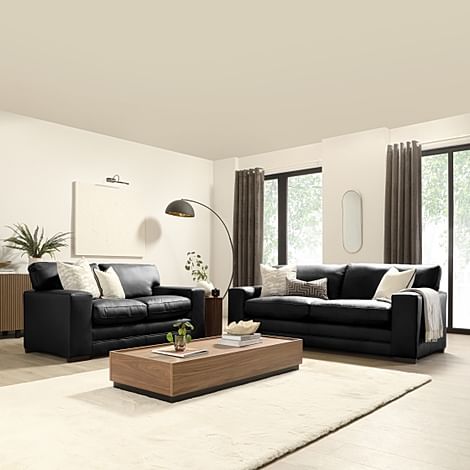 Manhattan 3+2 Seater Sofa Set, Black Premium Faux Leather