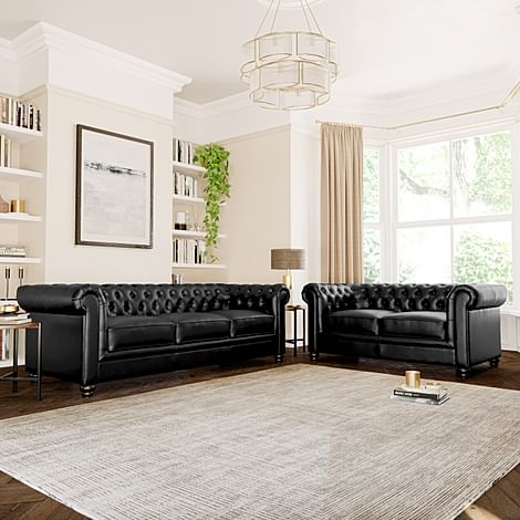 Hampton 3+2 Seater Chesterfield Sofa Set, Black Premium Faux Leather