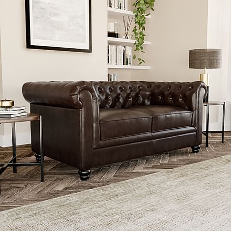 Hampton 2 Seater Chesterfield Sofa, Antique Chestnut Premium Faux Leather