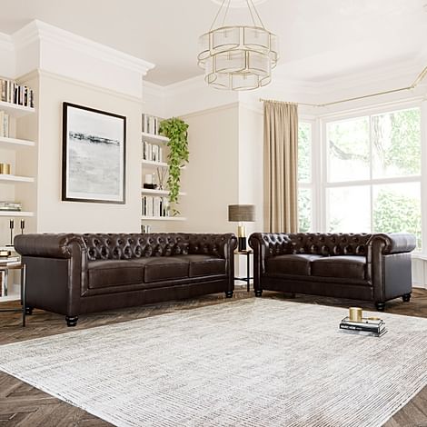 Hampton 3+2 Seater Chesterfield Sofa Set, Antique Chestnut Premium Faux Leather