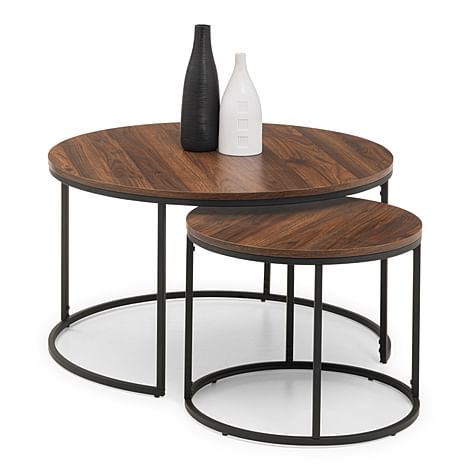 Sinclair Round Walnut and Black Metal Nest of Coffee Tables