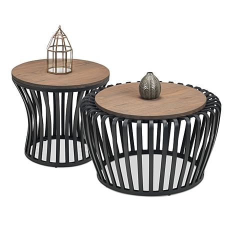 Bailey Round Elm and Black Metal Coffee and Side Table Set