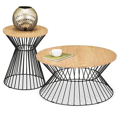 Holborn Round Oak and Black Metal Coffee and Side Table Set