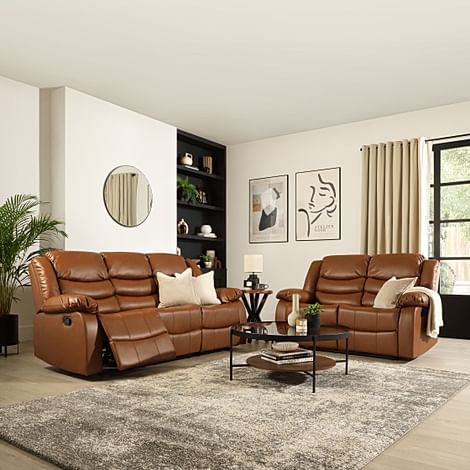 Sorrento 3+2 Seater Recliner Sofa Set, Tan Classic Faux Leather