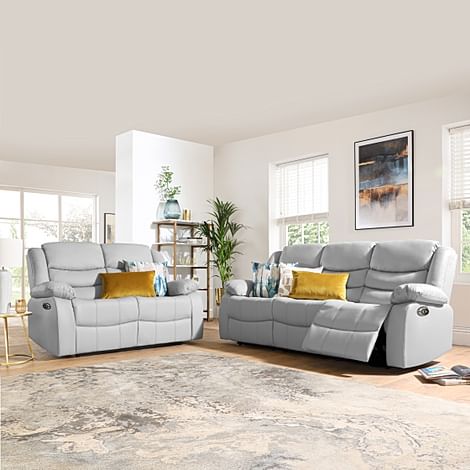 Sorrento 3+2 Seater Electric Recliner Sofa Set, Light Grey Premium Faux Leather