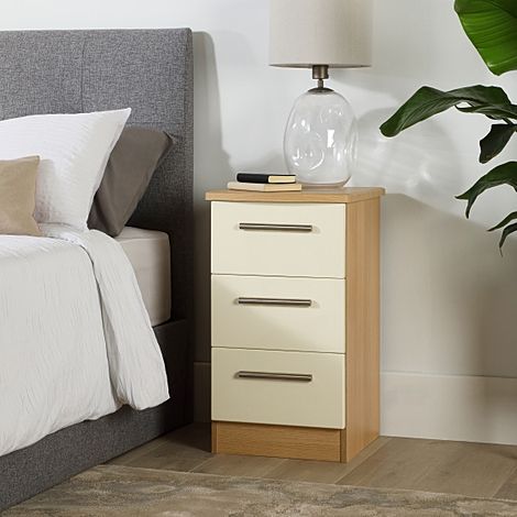 Knightsbridge Bedside Table, 3 Drawer, Cream High Gloss & Natural Oak Effect